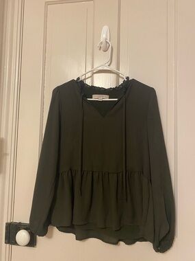 LOFT Olive Green Ruffle Tie-Neck Peplum Blouse